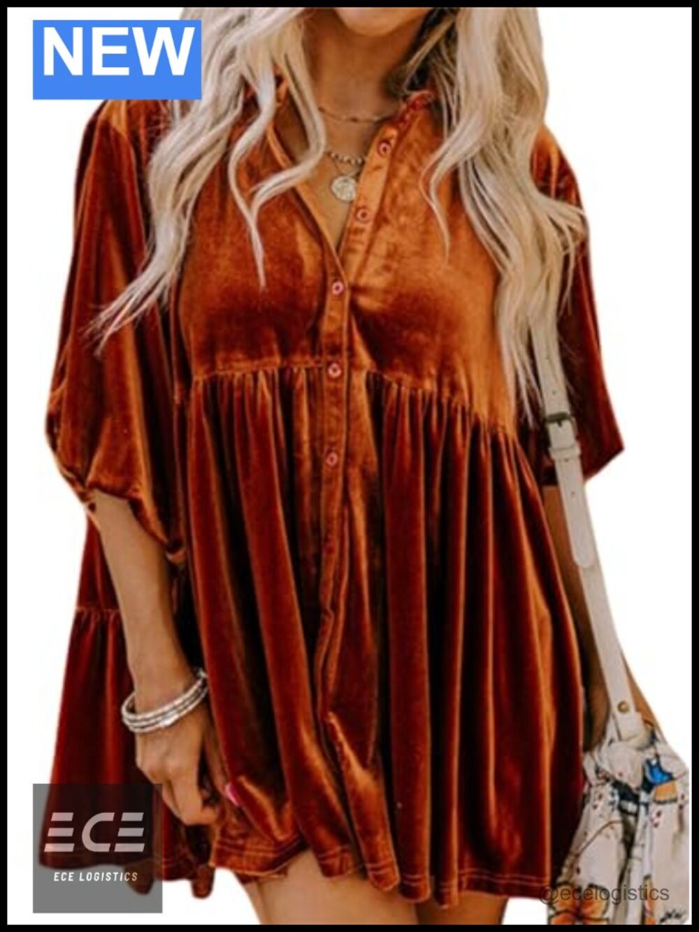 Womens Velvet Button Down Tunic Top 3/4 Sleeve Lapel Babydoll Mini Dress
